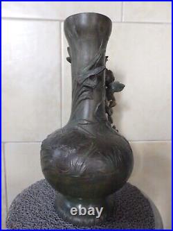 Beau Vase Ancien Art Nouveau Regule Vert Bronze Ange Angelot Cherubin Putti. Tbe