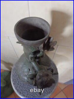 Beau Vase Ancien Art Nouveau Regule Vert Bronze Ange Angelot Cherubin Putti. Tbe