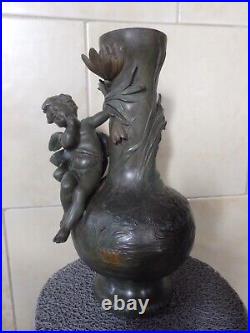 Beau Vase Ancien Art Nouveau Regule Vert Bronze Ange Angelot Cherubin Putti. Tbe