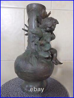 Beau Vase Ancien Art Nouveau Regule Vert Bronze Ange Angelot Cherubin Putti. Tbe