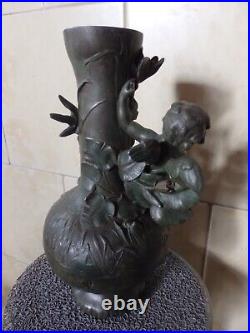 Beau Vase Ancien Art Nouveau Regule Vert Bronze Ange Angelot Cherubin Putti. Tbe