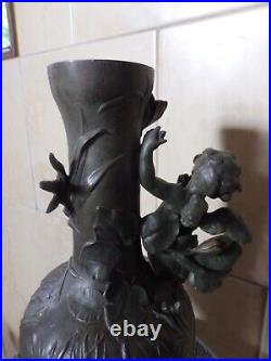 Beau Vase Ancien Art Nouveau Regule Vert Bronze Ange Angelot Cherubin Putti. Tbe