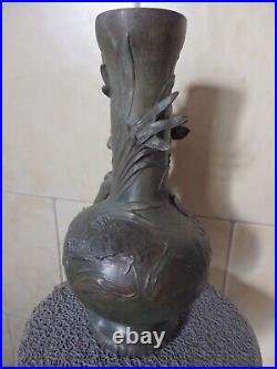 Beau Vase Ancien Art Nouveau Regule Vert Bronze Ange Angelot Cherubin Putti. Tbe