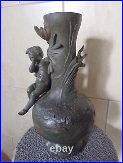 Beau Vase Ancien Art Nouveau Regule Vert Bronze Ange Angelot Cherubin Putti. Tbe