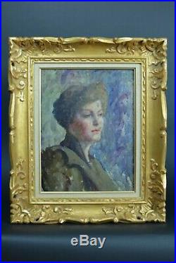 Beau tableau ancien Portrait de Femme fond bleu N°4 atelier art nouveau 1900
