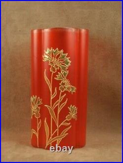 Bel Ancien Vase En Verre Emaille A L'or Art Nouveau Decor Oeillets