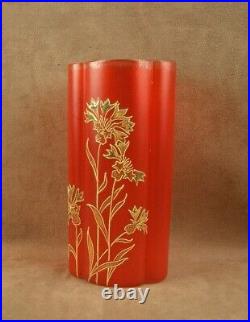 Bel Ancien Vase En Verre Emaille A L'or Art Nouveau Decor Oeillets