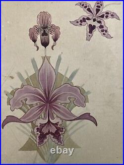 Belle Peinture Ancien 1920 Gouache Fleur Fleurs Plante Art Nouveau Orchidée