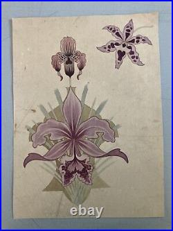 Belle Peinture Ancien 1920 Gouache Fleur Fleurs Plante Art Nouveau Orchidée