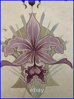 Belle Peinture Ancien 1920 Gouache Fleur Fleurs Plante Art Nouveau Orchidée