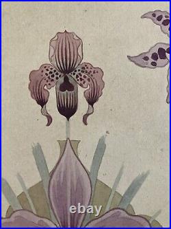 Belle Peinture Ancien 1920 Gouache Fleur Fleurs Plante Art Nouveau Orchidée