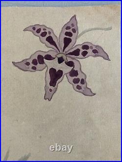 Belle Peinture Ancien 1920 Gouache Fleur Fleurs Plante Art Nouveau Orchidée