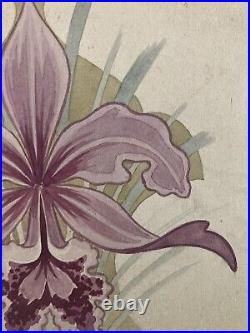 Belle Peinture Ancien 1920 Gouache Fleur Fleurs Plante Art Nouveau Orchidée