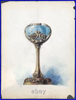 Belle et Grande Aquarelle Ancienne c. 1900/1920 Pied Lampe à Pétrole Art Nouveau