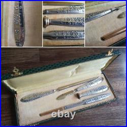 Boite de sceau à cacheter ancien 4 pièces Art Nouveau en métal argenté, plumier