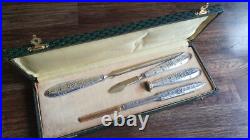 Boite de sceau à cacheter ancien 4 pièces Art Nouveau en métal argenté, plumier