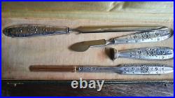 Boite de sceau à cacheter ancien 4 pièces Art Nouveau en métal argenté, plumier