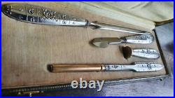 Boite de sceau à cacheter ancien 4 pièces Art Nouveau en métal argenté, plumier