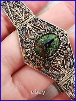 Bracelet ancien filigrane vermeil et scarabée vert (Art Nouveau)