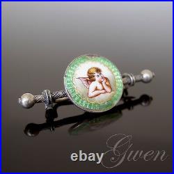 Broche Ancienne Art Nouveau Argent 800 Guilloche Email Ange Angelot emaille