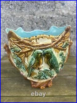 Cache-pot ancien faïence d'Onnaing barbotine Art Nouveau oiseaux perruches