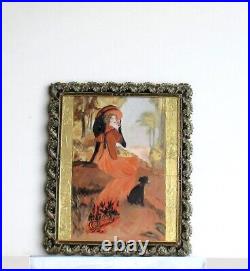 Cadre Ancien Argente Art Nouveau Peinture Huile Femme Et Petit Chien
