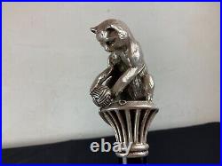 Canne ancienne argent Massif Pommeau Chat Art Nouveau Deco Animalier