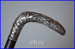 Canne ancienne pommeau argent massif décor floral art nouveau jugendstil