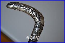 Canne ancienne pommeau argent massif décor floral art nouveau jugendstil