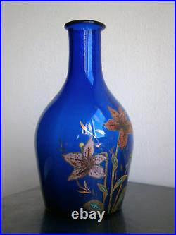 Carafe Art Nouveau Verre émaillé 1900 Bleu décor Floral Ancien St Legras