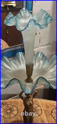 Centre de table ancien art nouveau coupe et tulipe en verre dégagé acide bleu
