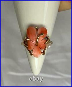 Corail Orchidée Bague Fleur Perle Art Déco 14K Or Ancien Art Nouveau