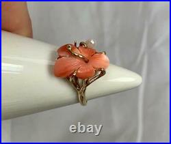 Corail Orchidée Bague Fleur Perle Art Déco 14K Or Ancien Art Nouveau