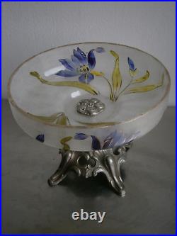 Coupe sur pied 1900 Décor Floral Art Nouveau Métal argenté Cristal Ancien