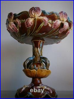 Coupe sur pied Iris Centre Table 1900 Barbotine Art Nouveau Céramique Ancien