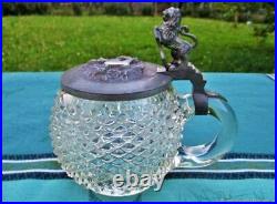 Cruche chope de collection ancien Lion vigne en verre étain Art Nouveau