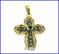 Crucifix En Style Ancien Vintage Or Massif 18K Croix Diamants Et Saphirs