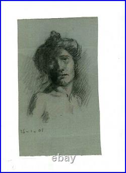 Dessin Ancien Original Personnage, Portrait, Femme, Nue, Académique