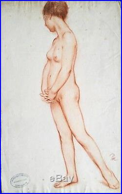 G. POETZSCH Timide Nu féminin Etude 1910 Sanguine dessin ancien signé 41x26 cm