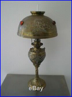 GRANDE LAMPE PETROLE ART NOUVEAU BRONZE CUIVRE DECOR FLORAL 1900 ANCIEN 65cm