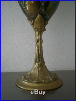 GRANDE LAMPE PETROLE ART NOUVEAU BRONZE CUIVRE DECOR FLORAL 1900 ANCIEN 65cm