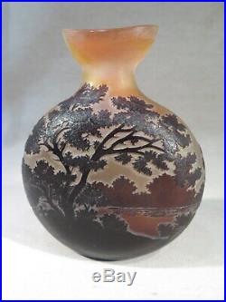 Galle Ancien Vase Gourde Decor Paysage Bord De L'eau Epoque Art Nouveau 1900