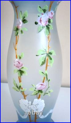 Grand Vase Ancien, Verre Souffle, Emaille, Art Nouveau, Rosier, Rose, Dlg Legras Grand Vase Ancien, Verre Souffle, Emaille, Art Nouveau, Rosier, Rose, Dlg Legras