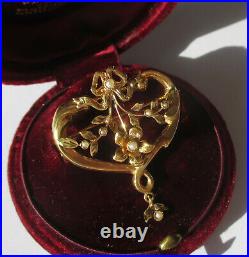 Grand pendentif broche ancien Art Nouveau cur noeud Or 18 carats French 750