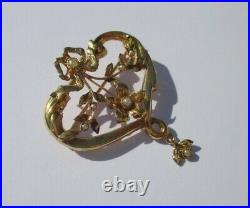 Grand pendentif broche ancien Art Nouveau cur noeud Or 18 carats French 750