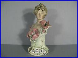Jeune Femme Ancien Buste Fleurs Style Art Nouveau Porcelaine Royal Dux Bohemia