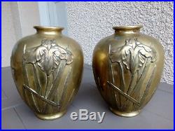 Jolie paire d ancien vase boule bronze decor art nouveau d iris signé