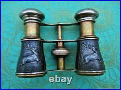 Jumelles ancien cerf argenté laiton Art Nouveau XIXe siècle Binoculars old deer