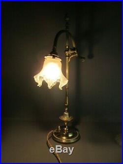 LAMPE BUREAU TRAVAIL BRONZE ANCIEN ART NOUVEAU TULIPE VERRE ÉTIRÉ H 61 cm