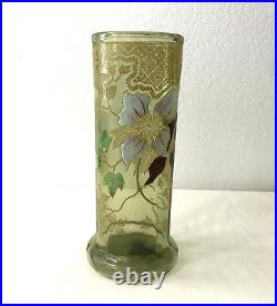 LEGRAS ancien vase NANCY en verre émaillé Décor clématites 26 cm ART NOUVEAU